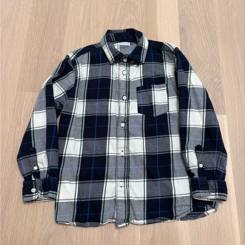 Mayoral Boys Navy and White Plaid Shirt, 4Y